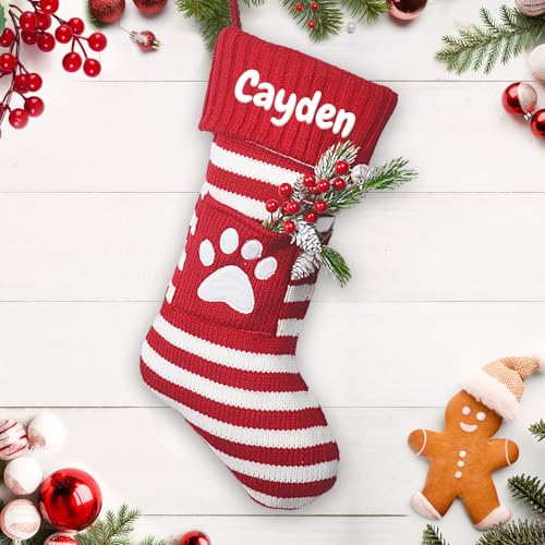 MyeMbe Personalized Knitted Christmas Stocking with Name, Christmas Trees Snowflake Paw Custom Needlepoint Stockings Set, Embroidery Customized Keepsake Christmas Holiday Decorations for Family