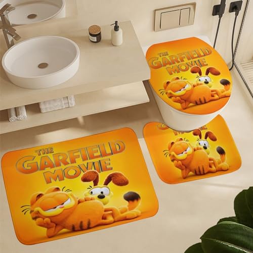 Fatimusy Cartoon Cat Cute Shower Curtain Set with Non-Slip Rug, Toilet Lid Cover, Bath Mat，Decorative Bathroom Set, Style 1