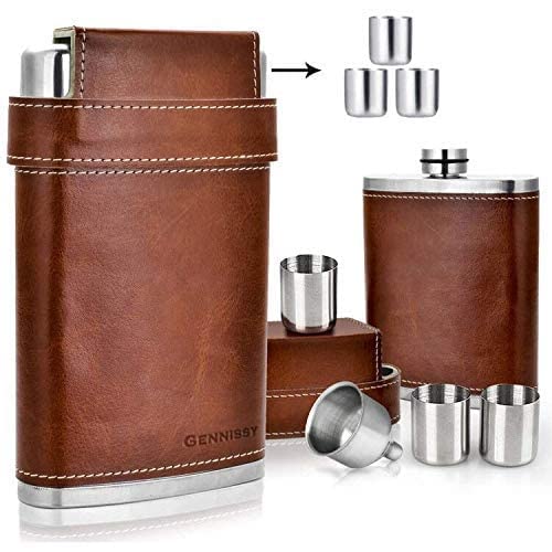 GENNISSY 304 18/8 Stainless Steel 8oz Flask - Brown Leather with 3 Cups and Funnel 100% Leak Proof