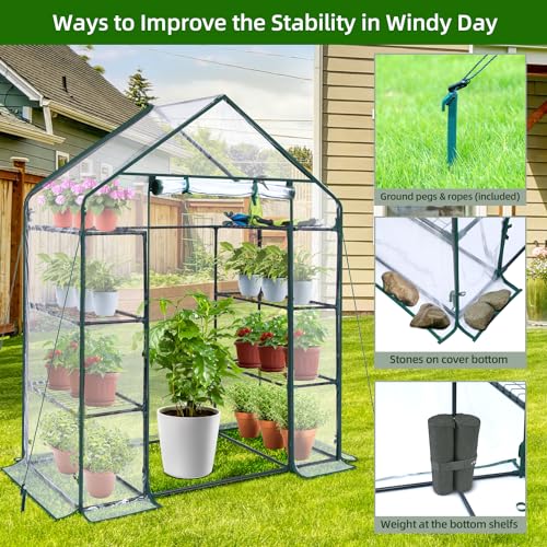 Ohuhu Small Greenhouse for Outdoors: 4 Tiers 6 Shelves Walk-in Indoor Green House Heavy Duty Plant Stands Reinforced Plastic PVC Cover Mini Portable Warm House for Outside, 4.8x2.5x6.4 FT