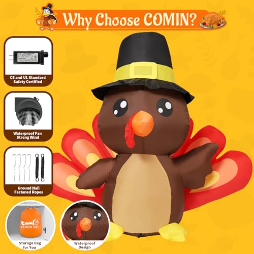 COMIN 4FT Tall Thanksgiving Inflatables Turkey Baby in Hat with Built-in LEDs Blow Up Yard Decoration for Holiday Season Party Indoor Outdoor Garden Lawn