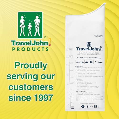 TravelJohn Disposable Urinal for All Genders, Adults, and Children (6 Pack) Designed for Emergencies, Travel, Camping, Long Car Rides, and More - 28oz/800ml Capacity (TJ1A-C)