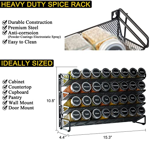 SpaceAid Spice Rack Organizer with 32 Spice Jars, 386 Spice Labels, Chalk Marker and Funnel Set for Cabinet, Countertop, Pantry, Cupboard or Door & Wall Mount - 32 Jars, 15.3" W × 10.8" H, Black