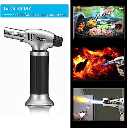 Sondiko Butane Torch Lighter S400 2 Pack, Refillable Kitchen Torch with Safety Lock and Adjustable Flame for Desserts, Creme Brulee, and Baking(Butane Gas Is Not Included)