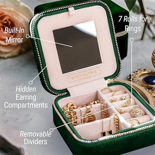 Benevolence LA Plush Velvet Jewelry Box | Travel Jewelry Case Organizer with Mirror | Featured in Oprah's Favorite Things | Best Gifts For Daughter, Girlfriend, Mom | Gifts For Her - Emerald