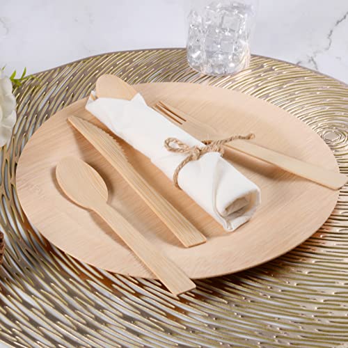 Pre Rolled Napkin and Bamboo Cutlery Set - 50Pack Bamboo Utensils/Compostable Cutlery(50 Forks, 50 Knives, 50 Spoons, 50 Napkins), Biodegradable Wrapped Cutlery for Party, Banquet, Wedding