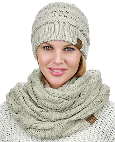 C.C Unisex Soft Stretch Chunky Cable Knit Beanie and Infinity Loop Scarf Set, Beige