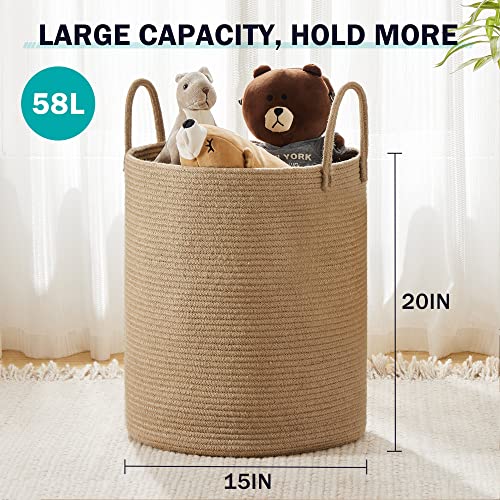 Jute Rope Laundry Hamper Basket by YOUDENOVA, 58L Tall Laundry Basket, Baby Nursery Hamper for Blanket Storage, Clothes Hamper for Laundry in Bedroom-Large-Jute