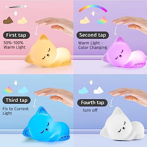 Night Light for Kids Lamp Cute Lamp, 16 Colors+Tap+Silicone Kids Night Light for Kids Night Light,USB Rechargeable Cat Night Lights for Kids Room,Girls Bedroom Decor Cat Decor Nightlight for Kids Room