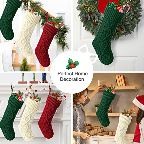 Hommtina Christmas Stockings, Personalized Christmas Stockings 18 Inches Large Size Cable Knitted Stocking Gifts (3pcs White&Red&Green)