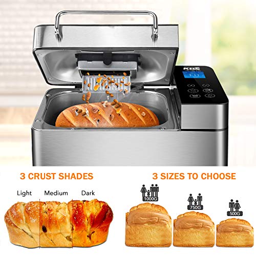 KBS Pro Stainless Steel Bread Machine, 2LB 17-in-1 Programmable XL Bread Maker with Fruit Nut Dispenser, Nonstick Ceramic Pan& Digital Touch Panel, 3 Loaf Sizes 3 Crust Colors, Reserve& Keep Warm Set