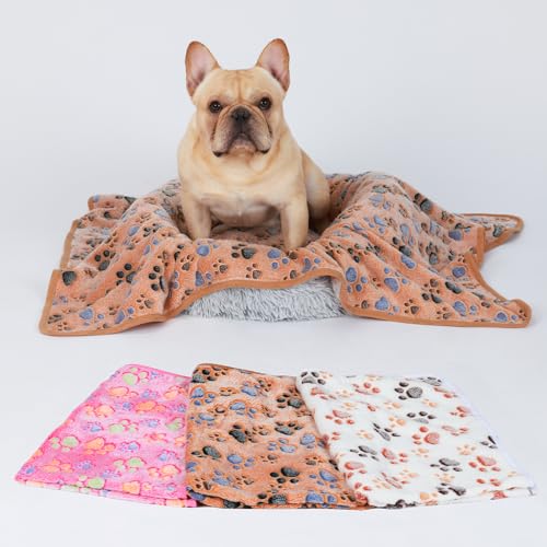 1 Pack 3 Blankets Super Soft Fluffy Premium Fleece Pet Blanket Flannel Throw for Dog Puppy Cat Paw Brown/Pink/White Small(23x16 inch)