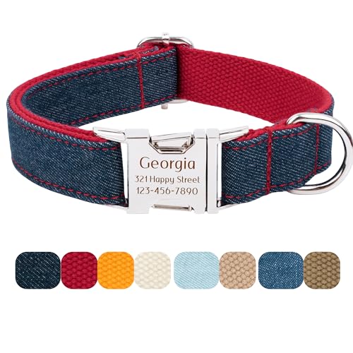 WUPUDUPU Personalized Custom Dog Collar with Pet Name/Phone Number/Address Engraved on Metal Buckle, Denim Style, Multiple Colors, Optional Matching Leash and Bowtie (A Red)