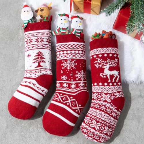 JOYIN 3 Pack 18” Knit Christmas Stockings, Reindeer/Christmas Tree/Snow Flakes Knitted Stocking Decorations for Holiday Tree Decor