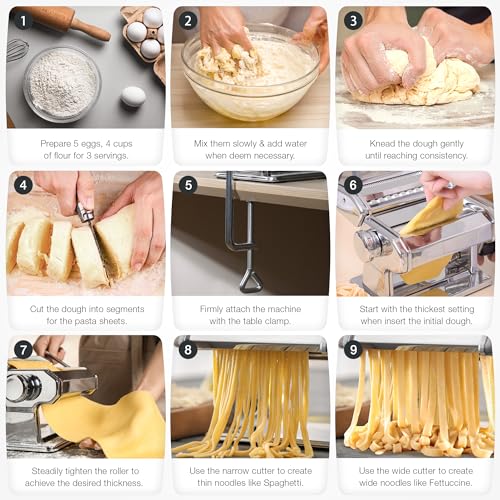 Pasta Machine, ISILER 9 Adjustable Thickness Settings Pasta Maker, 150 Roller Noodles Maker with Aluminum Alloy Rollers and Cutter for Pasta, Spaghetti, Fettuccini, Lasagna