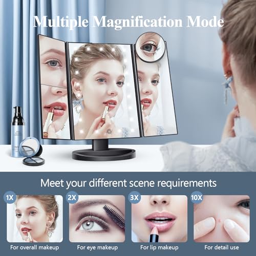 HUONUL Makeup Mirror Vanity with Lights, 2X 3X 10X Magnification, Lighted Mirror, Touch Control, Trifold Dual Power Supply, Portable LED Women Gift (Black)