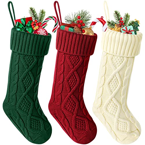 Hommtina Christmas Stockings, Personalized Christmas Stockings 18 Inches Large Size Cable Knitted Stocking Gifts (3pcs White&Red&Green)