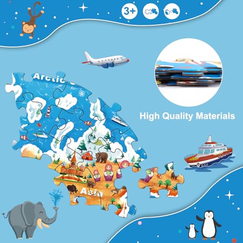 World Map Round Jigsaw Puzzles,Geography Floor Puzzle for Kids,Large 70 Piece Puzzle for Toddler Ages 3-5,Preschool Learning Educational Christmas Birthday Gift Gift for 4-8 Years Old Boy Girl