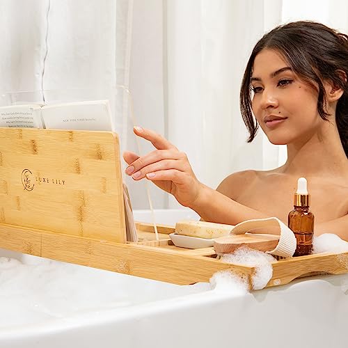 Luxe Lily Holds Your Book Open – Extendable Wooden Bathtub Tray Keeps Your Book Open While Protecting from Drips and Splashes - Perfect Bath Tub Tray for Reading and Relaxing in The Bathtub