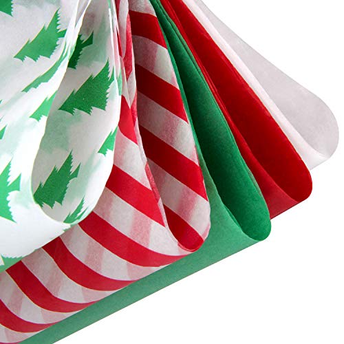 Blisstime Christmas Tissue Paper Gift Wrapping Paper, 120 Sheets, 13.5" X 19.5", White, Red, Green, Red Stripe, Christmas Trees Design