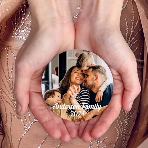 Personalized Christmas Ornaments, Custom Photo Text 2024 Christmas Tree Ornament, Velvet Pouch Included, Large 3.75" Round Metal Ornament