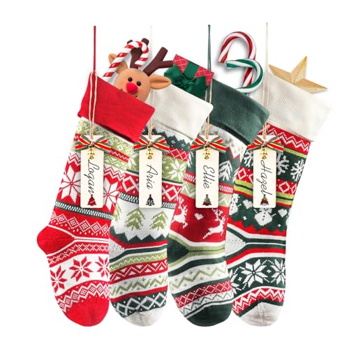 Brainfella Knit Christmas Stockings,4 Pack 22 Inches Snowflake Reindeer Snowman Personalized Cable Knit Stockings for Christmas Candy Gifts Decor