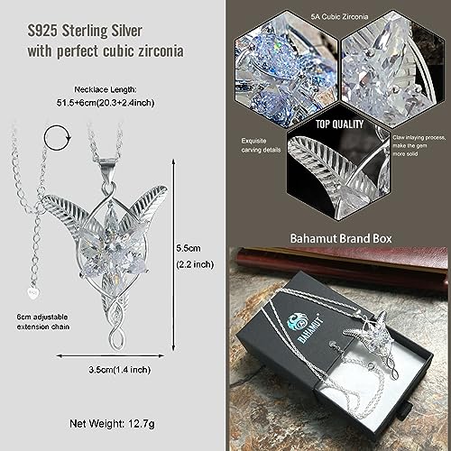 bahamut 925 Sterling Silver LOTR Arwen Evenstar Pendant Necklace with 5A Cubic Zirconia, Princess of the Elves Jewelry for Women (Silver)