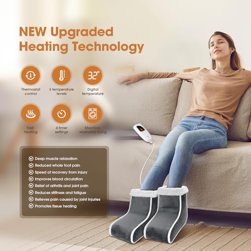 Split Electric Foot Warmer, Quick Heating Pad for Feet, 6-Level Heated Slippers for Men Women, Soft Heated Boots, Feet Warmer with Detachable Washable Liner for Home, Office, Christmas