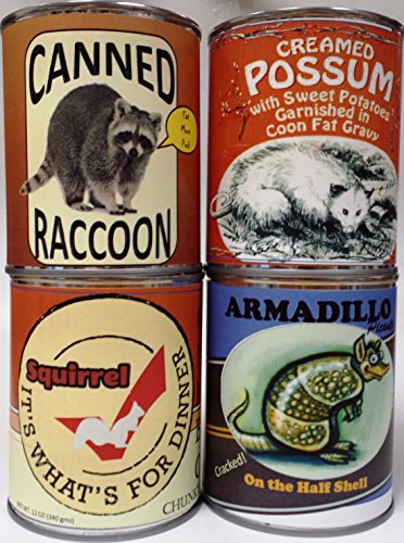 Gag Canned Meat Combo Pack V: Creamed Possum, Armadillo, Raccoon and Squirrel Gumbo!