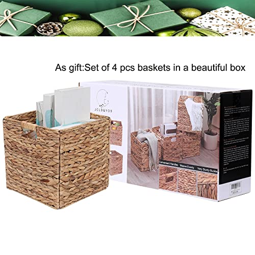 JCLD&YO9 Foldable Handwoven Water Hyacinth Storage Baskets Wicker Cube Baskets Rectangular Laundry Organizer Totes,Set of 4 Pcs,12x12x12inch