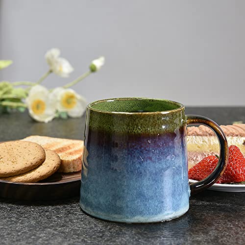 wewlink Large Ceramic Coffee Mug, Pottery Mug,Tea Cup for Office and Home,Handmade Pottery Coffee Mugs,16.5 Oz,Dishwasher and Microwave Safe,kiln altered glaze craft (Green)