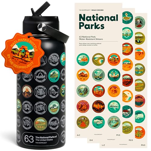 National Parks Water Bottle with Stickers Kit, Erikas Chesonis Collaboration, Adventure Flask with Straw, Waterproof Stickers for Water Bottle, Insulated Stainless Steel 32oz (Black)