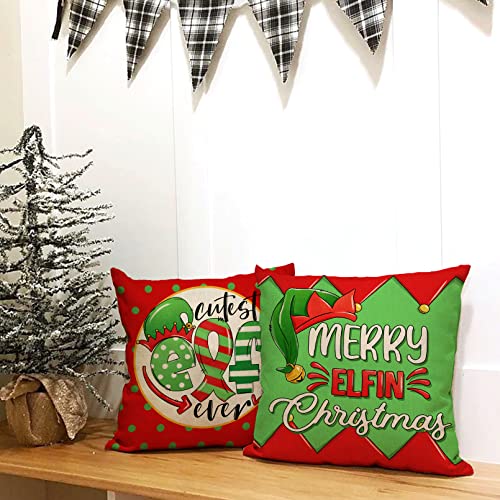 Ussap Christmas Elf Squad Decorative Throw Pillow Covers, Merry Elfin Xmas Chimney Polka Dots Gifts Home Decoration, Winter Holiday Cushion Case for Sofa Couch Decor Cotton Linen 18 x 18