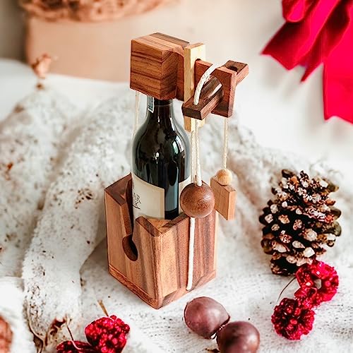 BSIRI Wine Bottle Puzzle - Challenging 3D Wooden Wine Bottle Holder and Wine Lock Puzzle Games for Adults. Functional Wine Storage, Ideal Wine Lover Gifts, Fun Gifts, Game Night and Rustic Room Decor