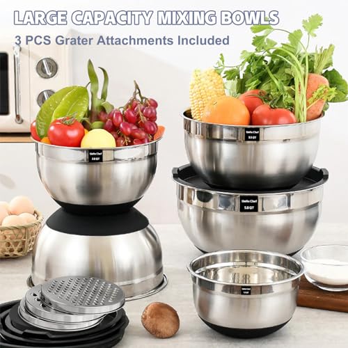 Umite Chef Mixing Bowls with Airtight Lids, 8PCS Stainless Steel Nesting Mixing Bowls Set, 3 Grater Attachments & Non-Slip Bottoms, Black Kitchen Bowls, Size 5, 4, 3.5, 2, 1.5QT for Baking & Serving