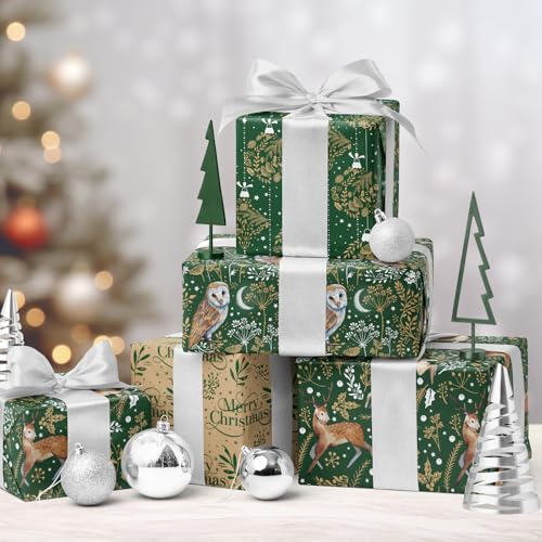 RUSPEPA Christmas Kraft Wrapping Paper - Owl, Reindeer, Christmas Ball and Text Design - 4 Rolls - 30 inches x 10 feet per Roll