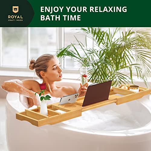 ROYAL CRAFT WOOD Premium Foldable Bathtub Tray - Expandable Bath Tray for Tub - Unique House Warming Bath Tub Tray Wood - Luxury Bathtub & Bathroom Accessories for New Home, Relaxing Spa, Women