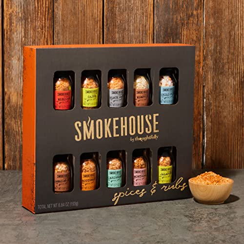 Smokehouse by Thoughtfully, Gourmet Grilling Spice Set in Mini Glass Bottles, Vegan and Vegetarian, Grill Seasoning Flavors Include Caribbean, Jamaican Jerk, Jalapeno, Montreal and More, Pack of 10