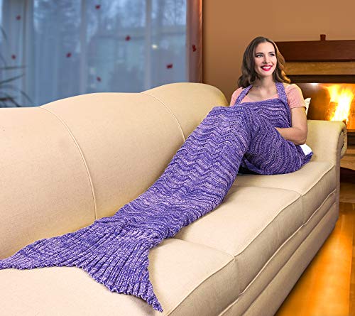 Catalonia Mermaid Tail Sherpa Blanket, Super Soft Warm Comfy Sherpa-Lined Knit Mermaids with Non-Slip Neck Strap, Best Gift for Girls Women Adult Teens Birthday Christmas Purple