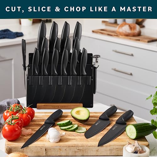 Home Hero Kitchen Knife Set with Sharpener - High Carbon Stainless Steel Knife Block Set with Ergonomic Handles (20 Pcs - Black)