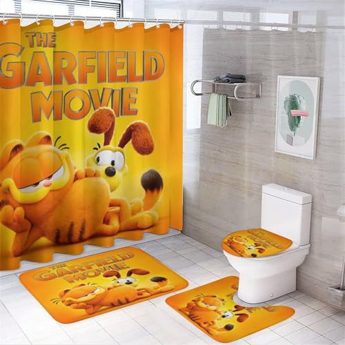 Fatimusy Cartoon Cat Cute Shower Curtain Set with Non-Slip Rug, Toilet Lid Cover, Bath Mat，Decorative Bathroom Set, Style 1