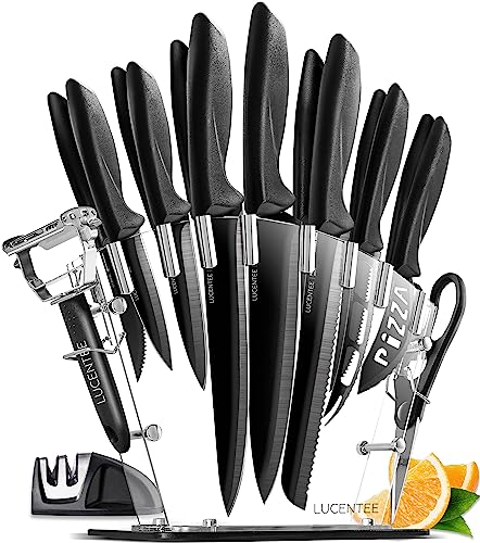 LUCENTEE - 17pc Kitchen Knife Set, Kitchen Gadgets with Steak Knives, Carving Knives for Kitchen, Chef Knife Set, Black Knife Set, Ultra-Sharp Ergonomic Knife Set, Scissors, Peeler and Knife Sharpener