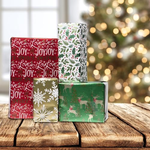 JAMPaper Assorted Gift Wrap - Christmas Foil Wrapping Paper - 100 Sq Ft Total - Elegant Merry Christmas Reindeer Set - 4 Rolls/Pack