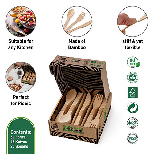 2ZEBRAZ 100% Bamboo Cutlery Set of 100 pc - 50 Forks, 25 Knives, 25 Spoons, Smooth Reusable Bamboo Silverware, Compostable and Durable Disposable Utensils, Eco-Friendly Flatware in Premium Box