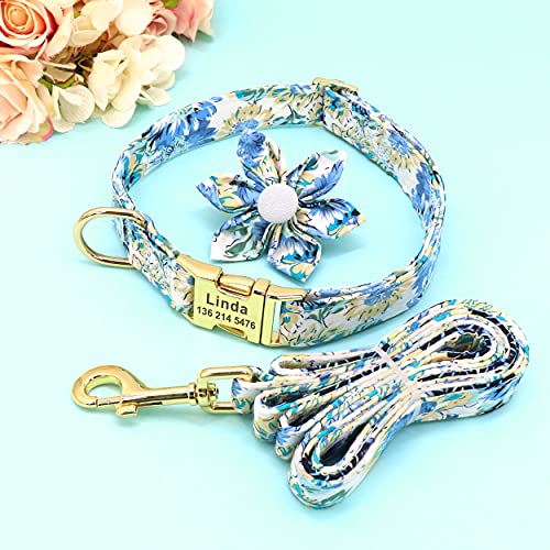 Beirui Personalized Female Dog Collar and Leash Set for Girl Dogs - Custom Pet Dog Collar with Flower for Small Medium Large Dogs - Soft Floral Engraved Collar with Matching Leash (Blue, S)