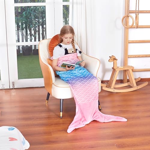 Catalonia Kids Mermaid Tail Blanket, Super Soft Plush Flannel Sleeping Snuggle Blanket for Girls, Rainbow Ombre, Birthday Gift for Daughter