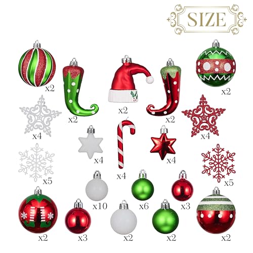 Valery Madelyn Christmas Ornaments Set, 70ct Elf Red Green White Shatterproof Christmas Tree Decorations Ball Ornaments Bulk, Variety Decorative Hanging Ornaments for Xmas Trees Holiday Party Decor