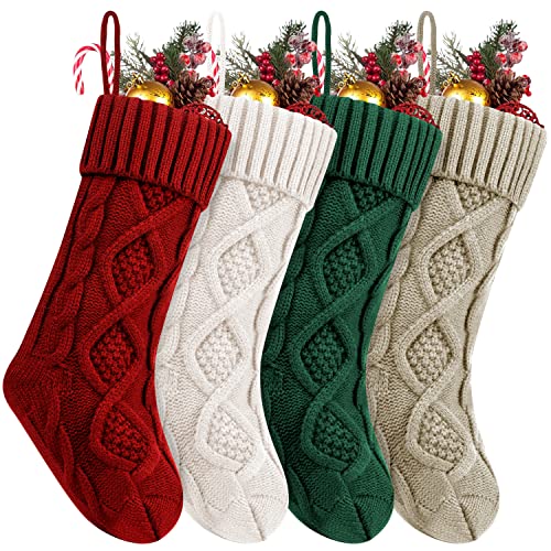 Fesciory 4 Pack Personalized Christmas Stockings 18 Inches Large Size Cable Knitted Stocking Gifts & Decorations for Family Holiday Xmas Party, Burgundy&Ivory&Green&Khaki