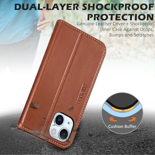 SHIELDON Case for iPhone 15 5G 2023, Genuine Leather Wallet Book Case Magnetic RFID Blocking Credit Card Holder Kickstand Shock Absorbing Case Compatible with iPhone 15 6.1" - Retro Brown