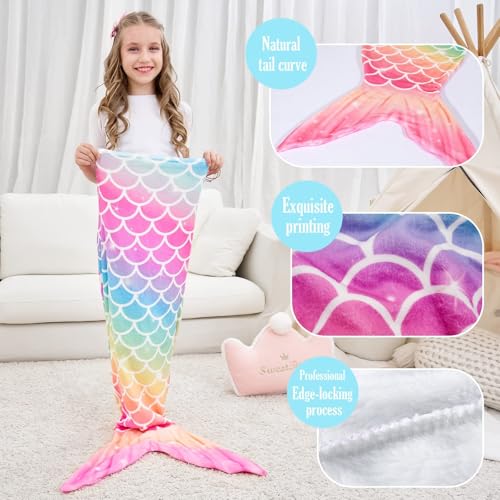 WERNNSAI Mermaid Tail Blanket - Plush Mermaid Wearable Blanket for Girls Teens All Seasons Soft Flannel Snuggle Blanket little Mermaid Scale Sleeping Bag 55" x 24" (Rainbow)